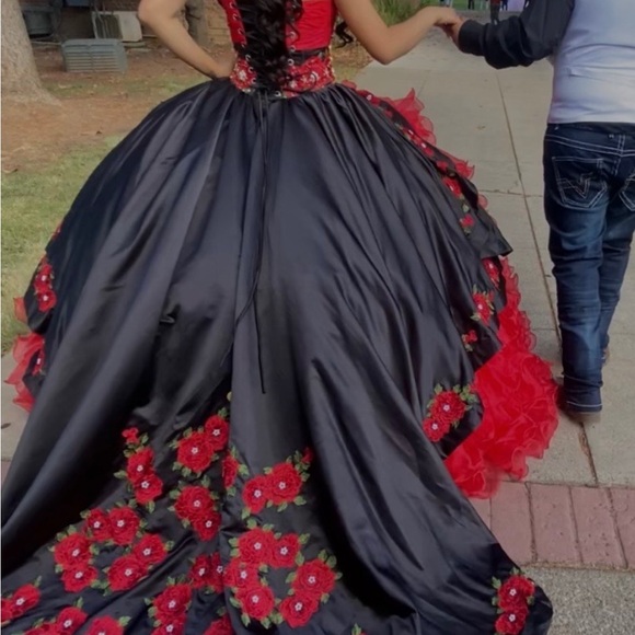 Elegant Black and Red Quince Dress with Matching Bear
